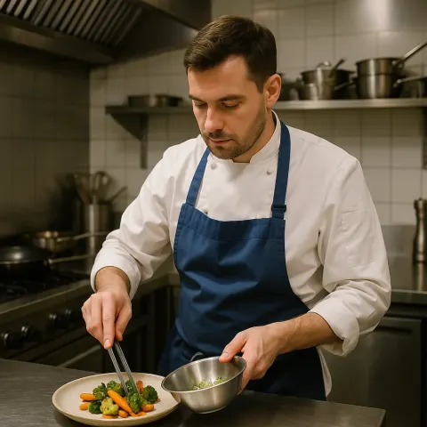 Chef Wearing a White Shirt and Blue Apron Preparing Food