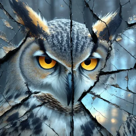 Owl Eyes Reflected in Broken Mirror Shards