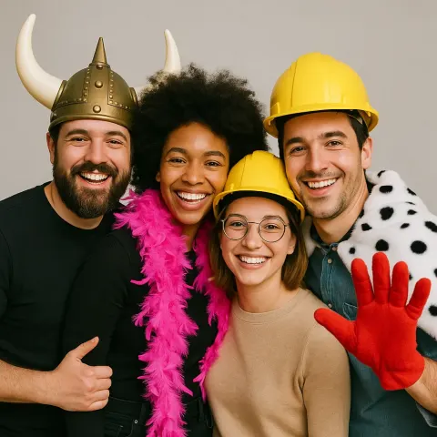 Group of People Wearing Various Costumes Including a Viking Helmet