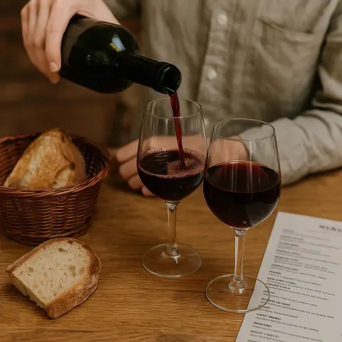 Person Pours Wine into Glasses on a Wooden Table