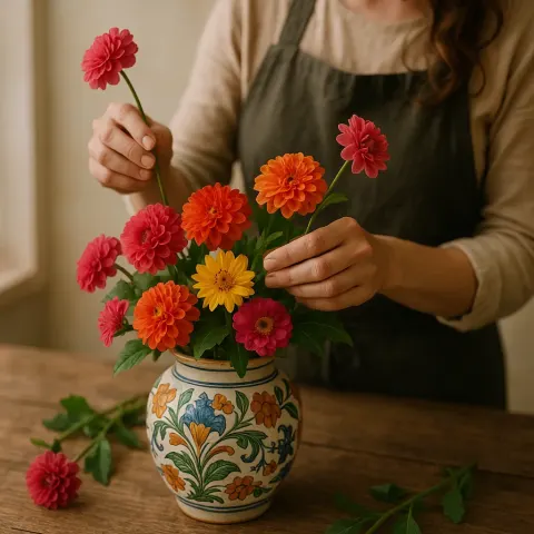 Brightly Colored Flowers Are Delicately Arranged by the Florist