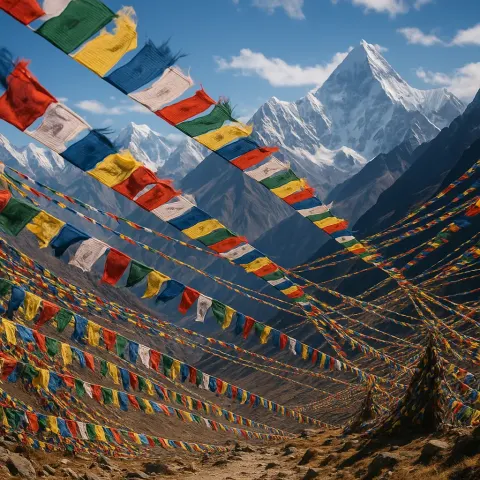 Countless Prayer Flags Flutter Vigorously on a High Mountain Pass