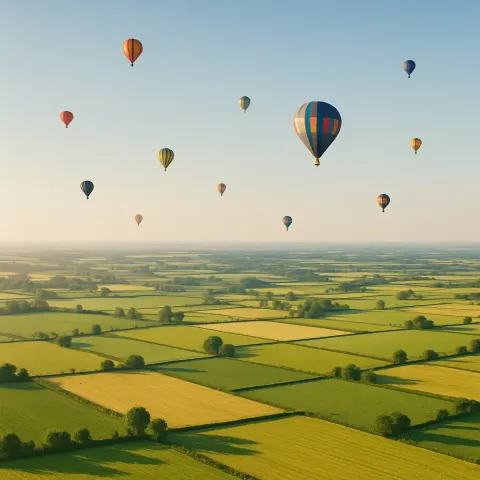 Many Distant Hot Air Balloons Drift Serenely over a Vast