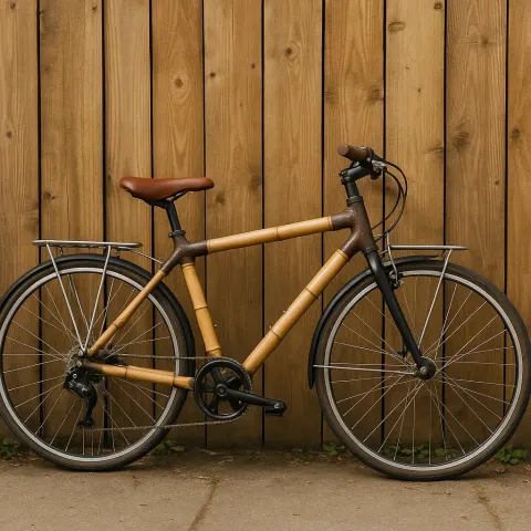 Bamboo-framed Bicycle with a Brown Seat and Metal Rack