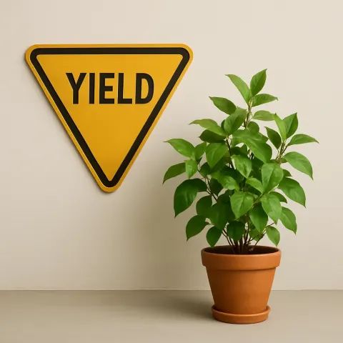 Yield Sign in Gold and a Potted Plant