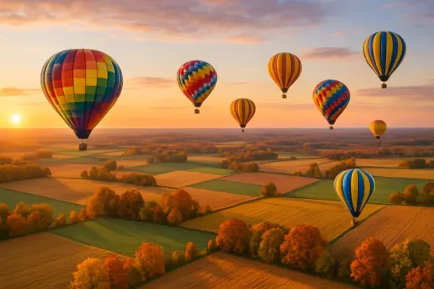 Handful of Brightly Colored Hot Air Balloons Drift Serenely