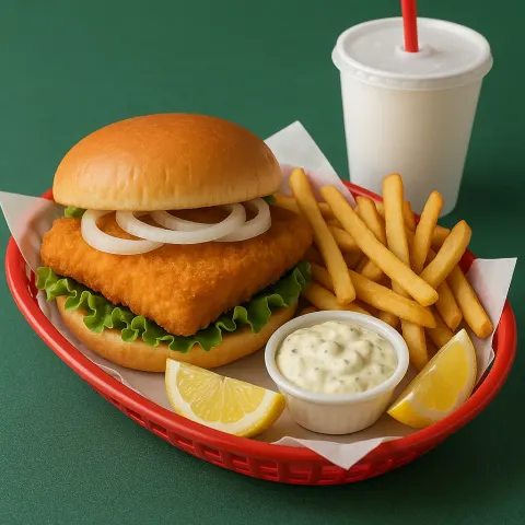 Basket Containing a Fish Sandwich with Lettuce and Onion