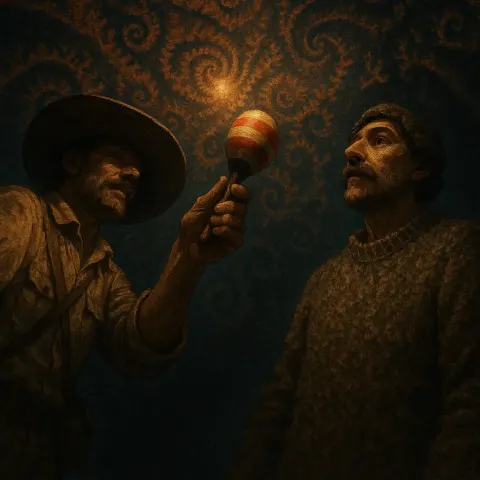 Explorer Beneath a Wide Hat Offers a Striped Maraca
