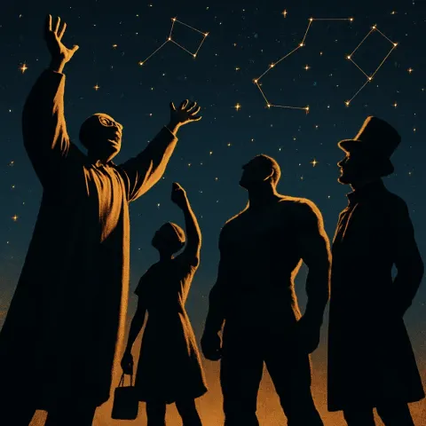 Four Towering Figures—a Very Tall Educator with Arms Joyfully