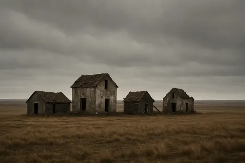Few Dilapidated Structures Stand Isolated and Stark