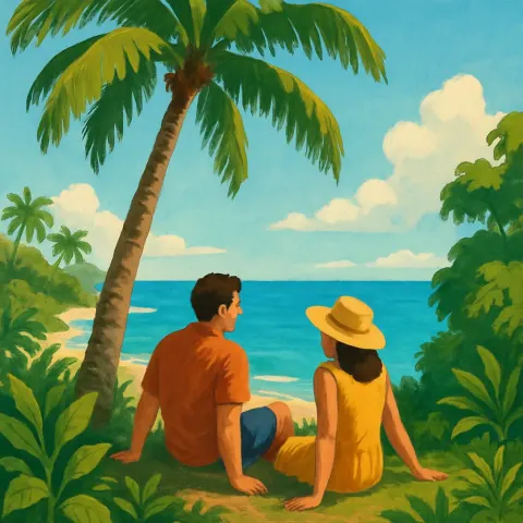 Two People Relaxing near a Palm Tree