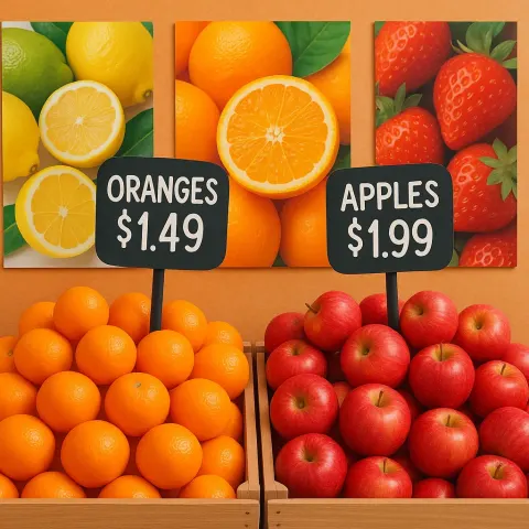 Colorful Fruit Display Featuring Oranges and Apples with Price Signs