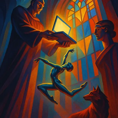 Towering Figure Offers a Glowing Computer to a Metallic-clad Dancer