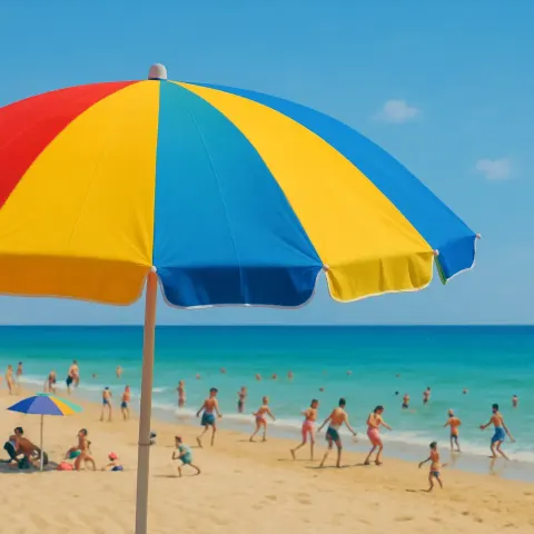 Vibrant Beach Umbrella Stands Out in the Foreground