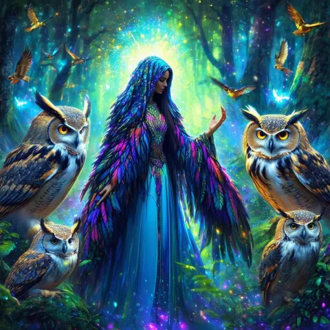 Forest Mother in Feathered Robe With Owls