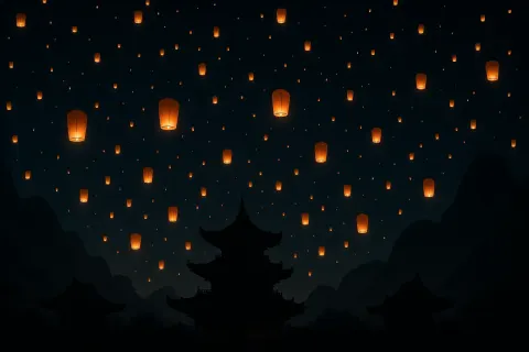 Myriad Glowing Lanterns Ascend into a Velvety Night Sky