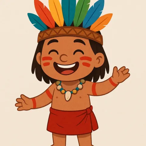 Cheerful Cartoon Representation of an Indigenous Person Wearing a Colorful