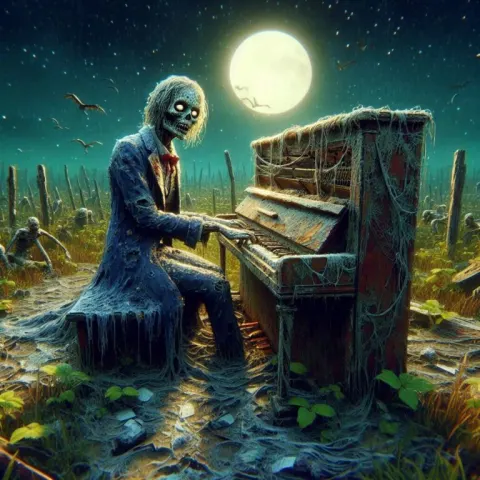 Creepy Zombie Woman Playing Piano Night