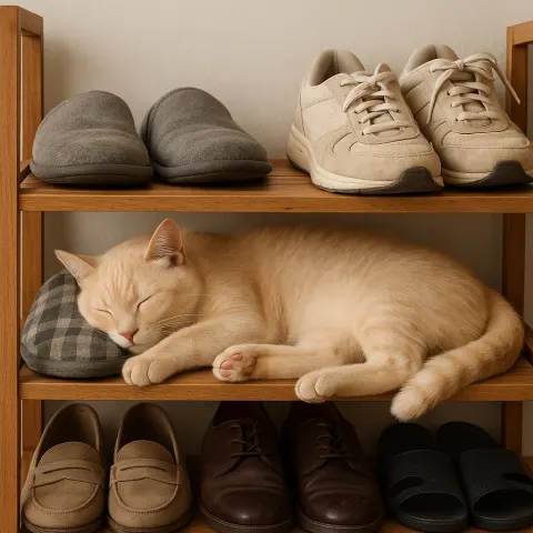 Light-colored Cat Sleeping on a Wooden Shoe Rack Surrounded
