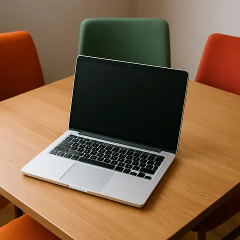 Wooden Desk with a Silver Laptop on Top
