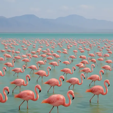 Vast Flock of Flamingos Wades Through a Shallow