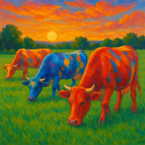 Three Brightly Colored Cows Feeding in a Lush Green Field