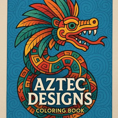 Colorful Aztec Serpent Design on the Cover of a Coloring