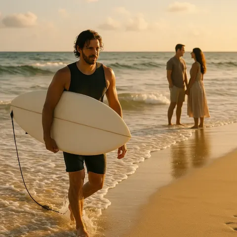 Man Carrying a Surfboard Walks Out of the Ocean