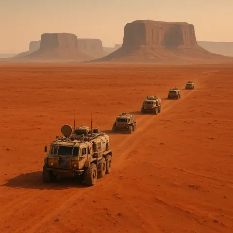 Small Convoy of Rugged Exploration Vehicles Crawls Across a Vast