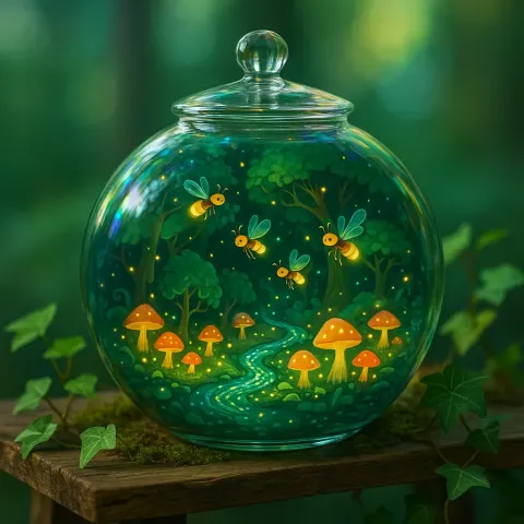 Gleaming Glass Terrarium Rests Gracefully on a Rustic Wooden Shelf