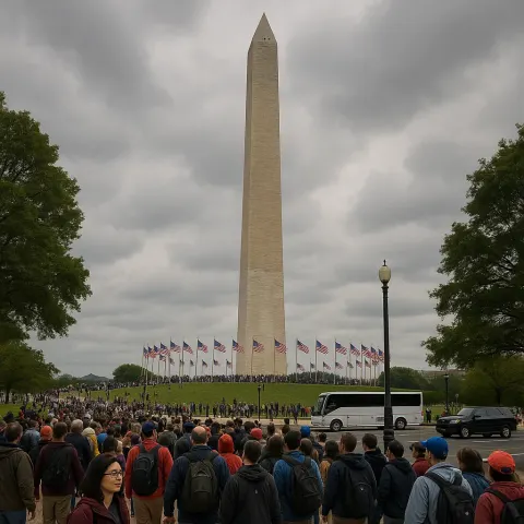 Bustling Crowd Gathers near the Washington Monument Surrounded by Flags
