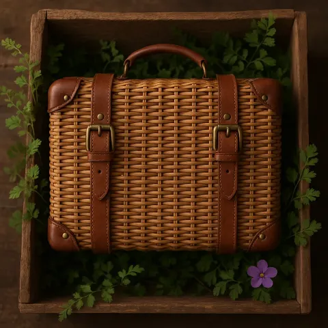 Wicker-style Suitcase with Brown Leather Accents Sits in a Rustic