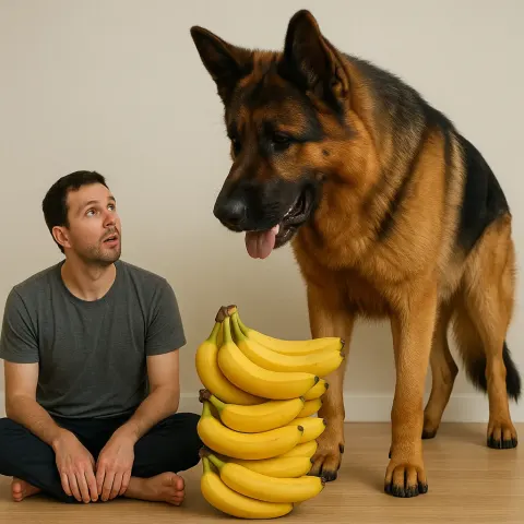 Person-sized Dog Looms over a Heap of Bananas