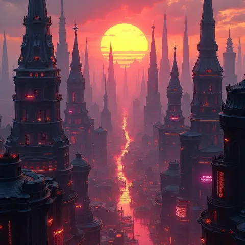 Axonometric Satanic City of Neon Spires