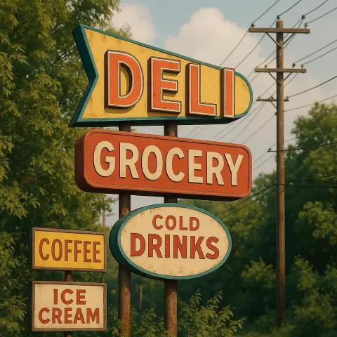 Retro-style Roadside Deli and Grocery Sign Surrounded by Foliage