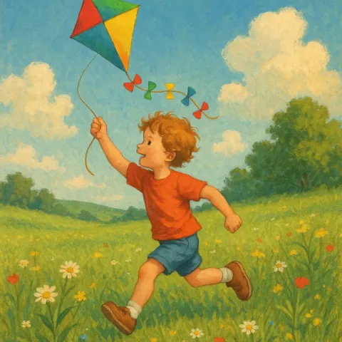 Child Eagerly Chases After a Kite with Vibrant Colors