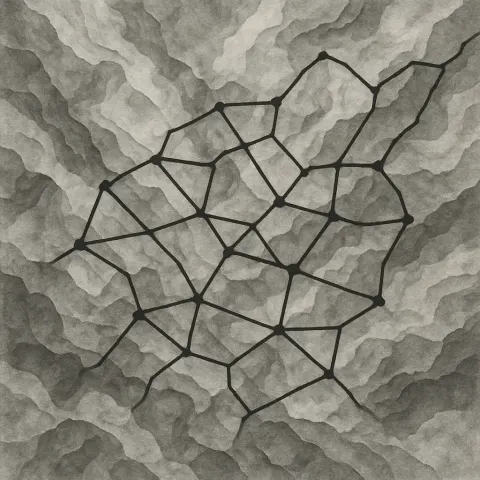 Monochromatic Map-like Artwork with Overlapping Gray-toned Layers Resembling Terrain