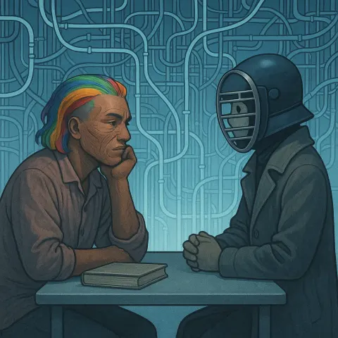 Pensive Figure with Bold Rainbow-streaked Hair and Discernible Facial Scarification