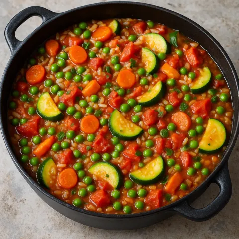 Colorful Pan of Cooked Vegetable Medley with Rice