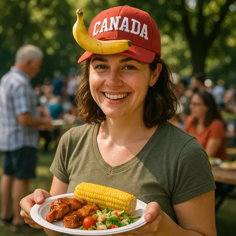 Woman Wearing a "Canada" Hat with a Banana
