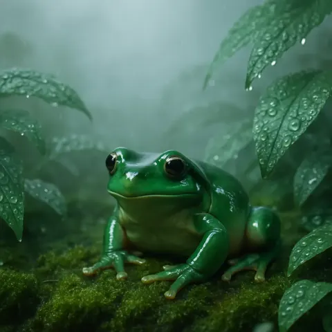 Shiny Frog Perched on Wet Moss