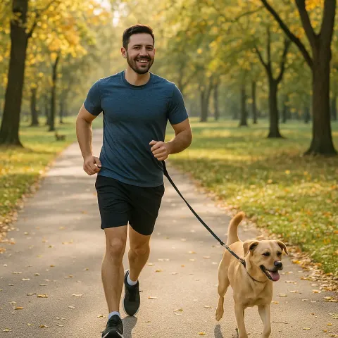 Man Is Running Through a Park Trail While His Dog