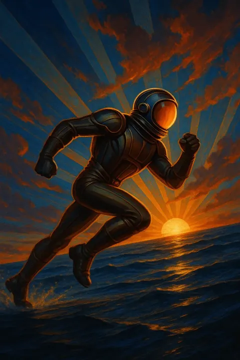 Pioneer Astronaut in a Streamlined Art Deco Suit Sprints