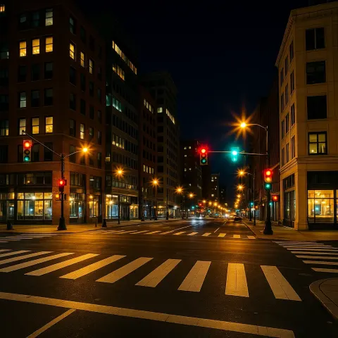 Brightly Lit Urban Street Intersection at Night with Traffic Lights
