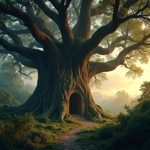 Cinematic Temple Cradled in Ancient Oak Roots