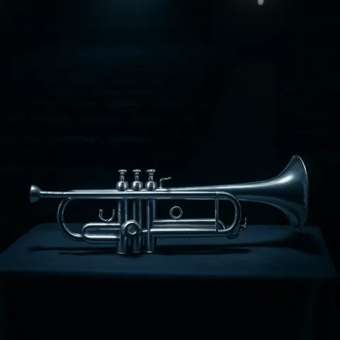 Polished Silver Trumpet Lies Flat on a Velvet-draped Table Positioned