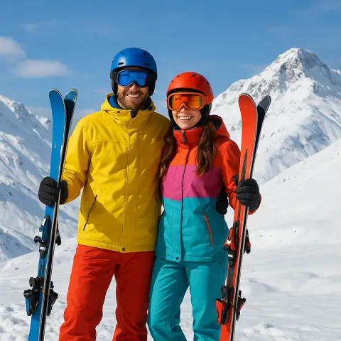Two People Dressed in Vibrant Ski Gear Are Positioned Next