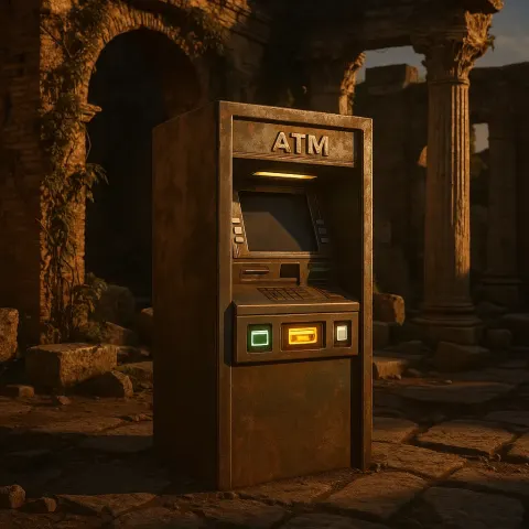 Single Cash Machine—its Weather-beaten Exterior Patina Sharply Contrasting