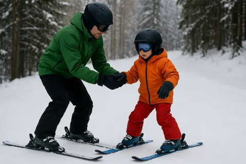 Adult in a Green Jacket Teaches a Child