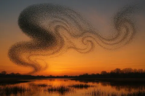Vast Murmuration of Countless Tiny Starlings Paints Dynamic